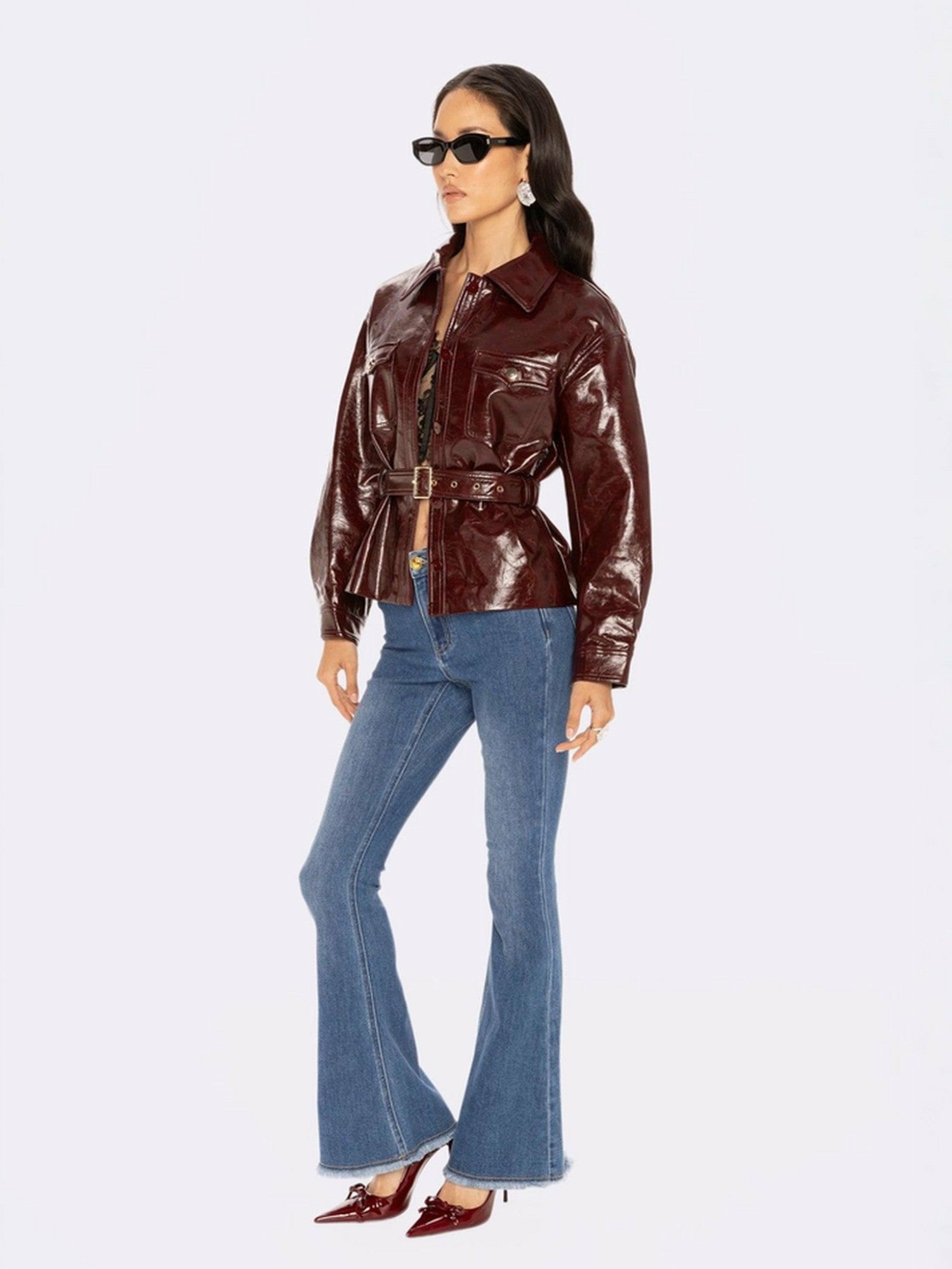 Nana Jacqueline Isabella Vegan Leather Jacket: Claret Leather Jacket for Date Night Claret