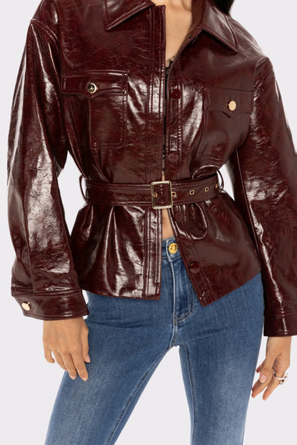 Nana Jacqueline Isabella Vegan Leather Jacket: Claret Leather Jacket for Date Night Claret