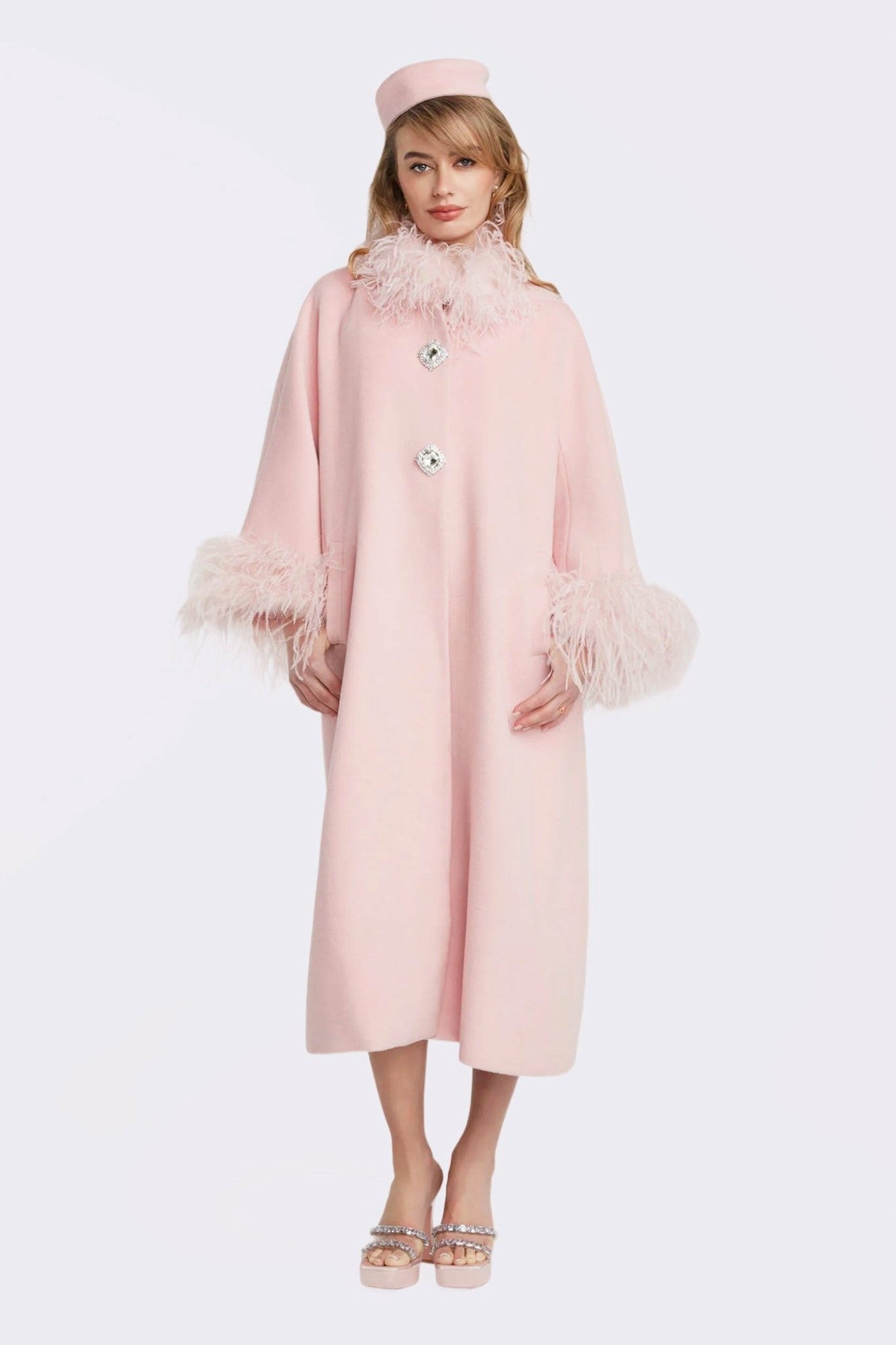Nana Jacqueline Nina Feather Coat: Pink Coat for Winter Wedding Guest Pink