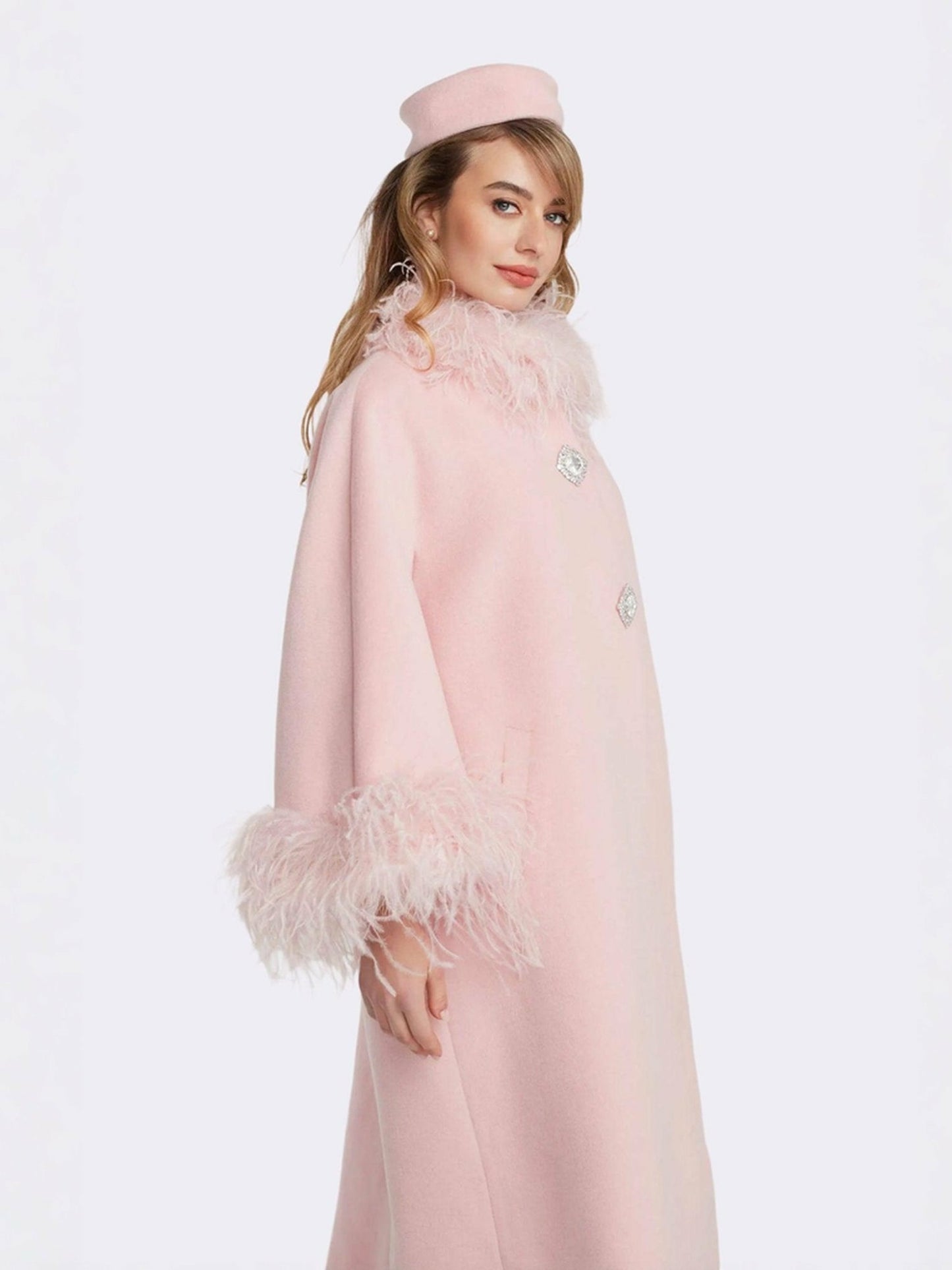 Nana Jacqueline Nina Feather Coat: Pink Coat for Winter Wedding Guest Pink