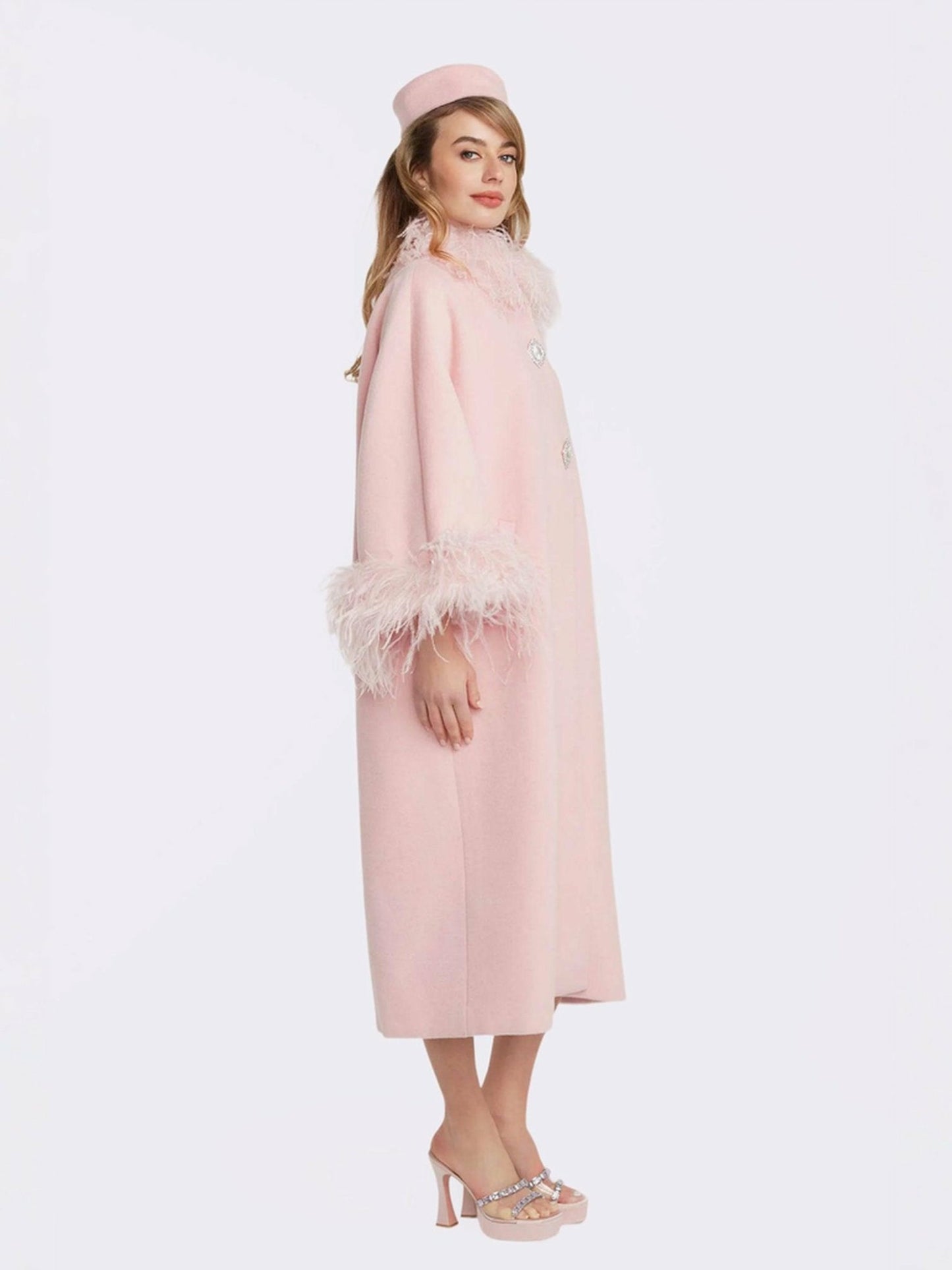 Nana Jacqueline Nina Feather Coat: Pink Coat for Winter Wedding Guest Pink