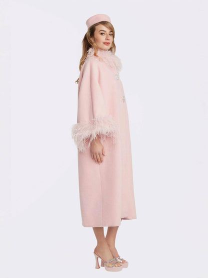 Nana Jacqueline Nina Feather Coat: Pink Coat for Winter Wedding Guest Pink