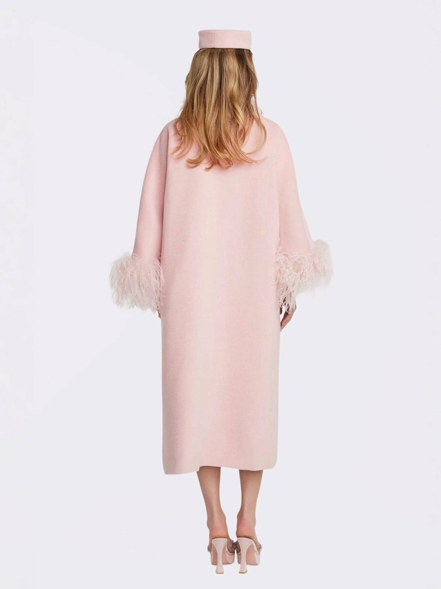 Nana Jacqueline Nina Feather Coat: Pink Coat for Winter Wedding Guest Pink