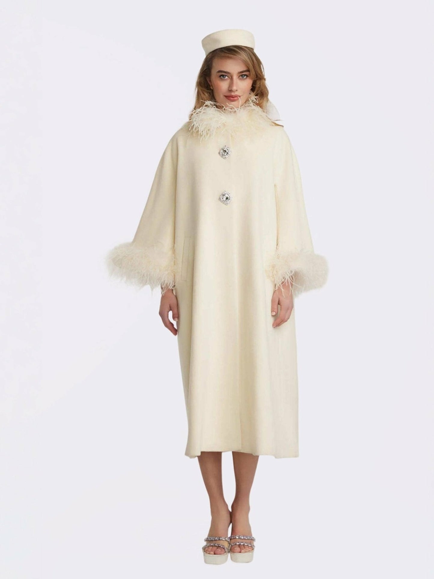 Nana Jacqueline Nina Feather Coat: White Coat for Winter Wedding Guest White