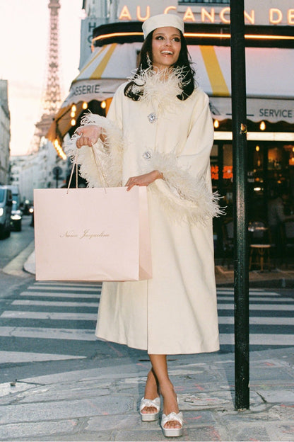 Nana Jacqueline Nina Feather Coat: White Coat for Winter Wedding Guest White