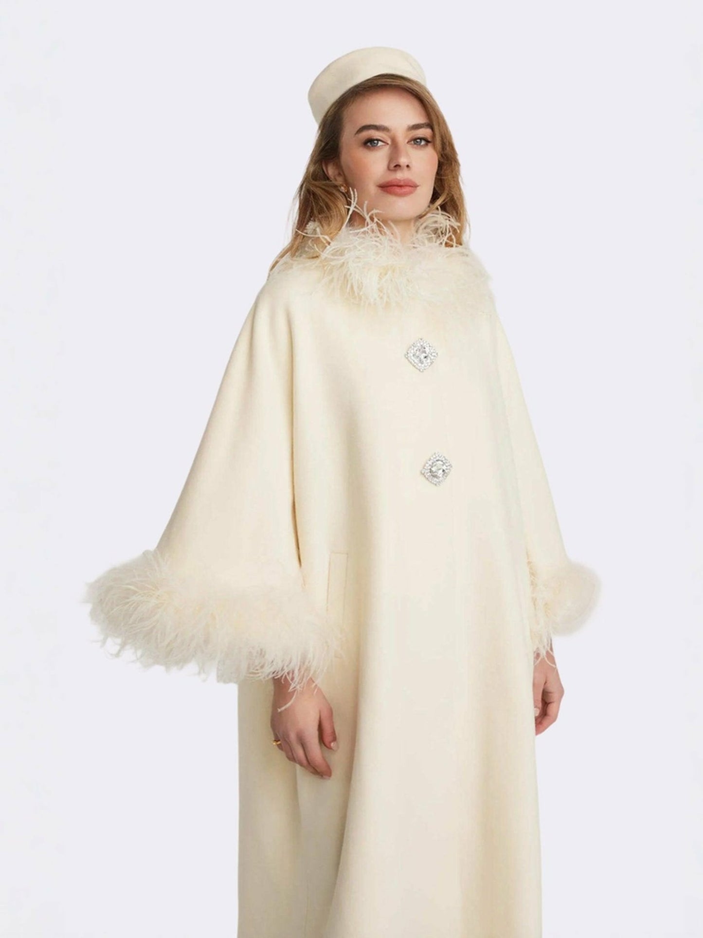 Nana Jacqueline Nina Feather Coat: White Coat for Winter Wedding Guest White