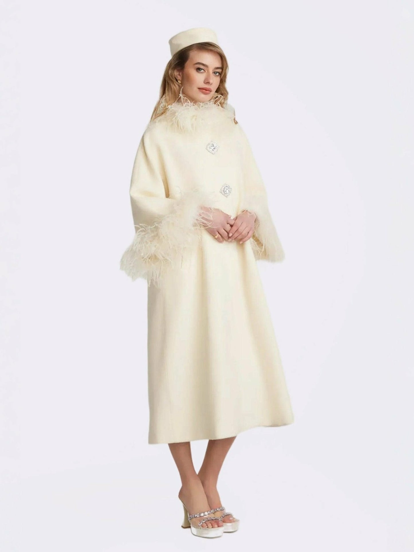 Nana Jacqueline Nina Feather Coat: White Coat for Winter Wedding Guest White
