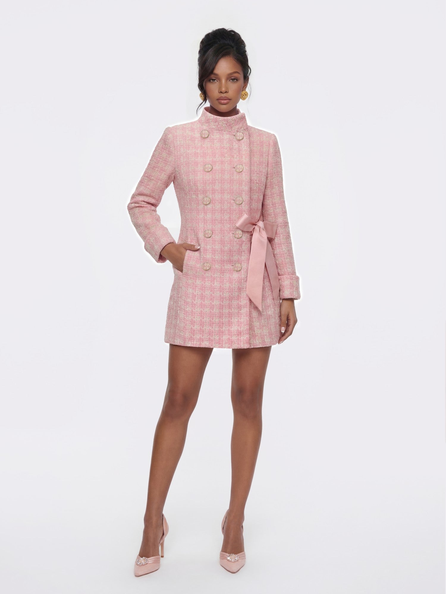 Nana Jacqueline Bianca Tweed Bow Pink Double-Breasted Coat: Pink Coat for Bridal Shower Pink