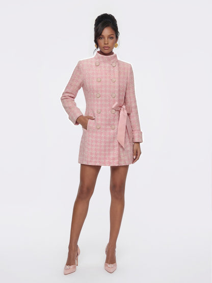 Nana Jacqueline Bianca Tweed Bow Pink Double-Breasted Coat: Pink Coat for Bridal Shower Pink