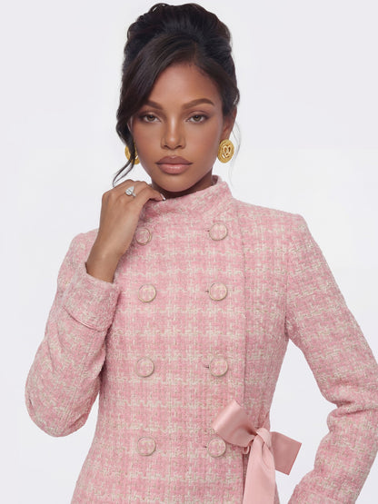 Nana Jacqueline Bianca Tweed Bow Pink Double-Breasted Coat: Pink Coat for Bridal Shower Pink