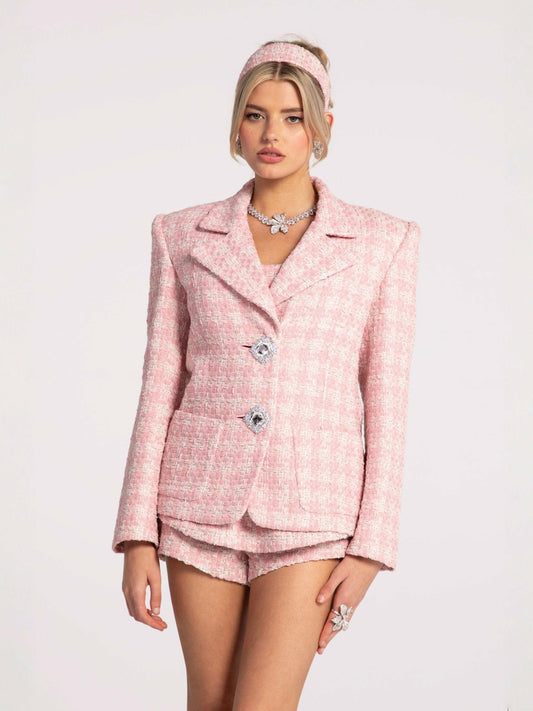 Nana Jacqueline Maya Lapel Suit Jacket: Pink Jacket for Garden Party Pink Checkered