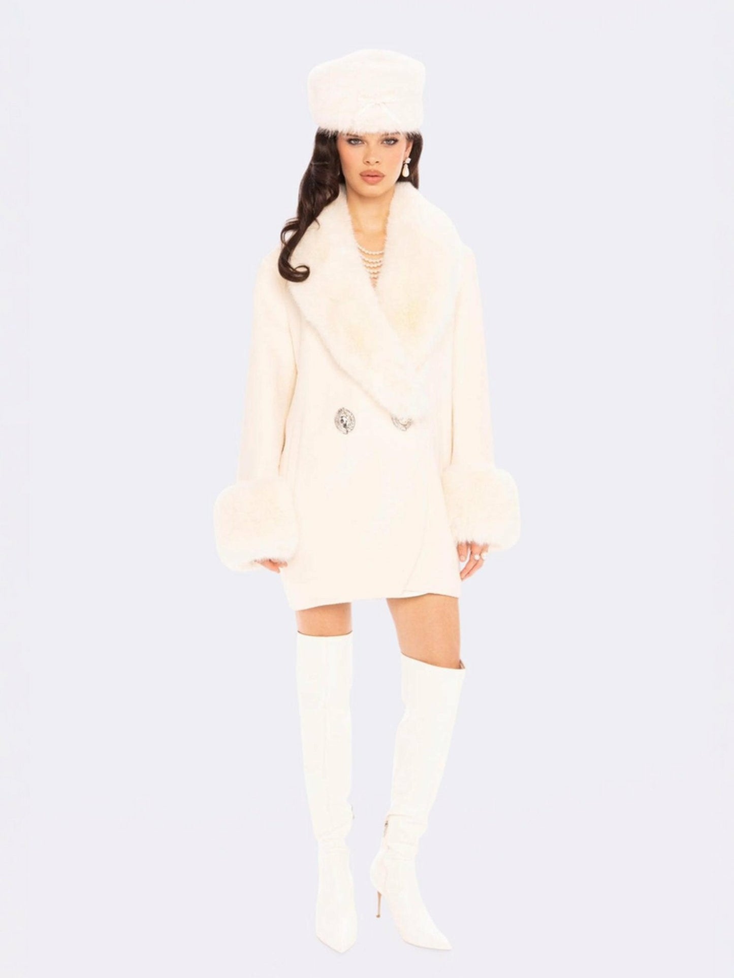 Nana Jacqueline Althea Faux Fur Collar Cocoon Coat: White Coat for Winter Party White