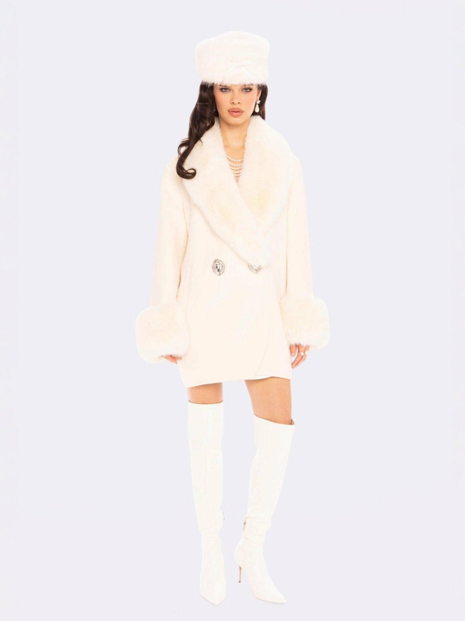 Nana Jacqueline Althea Faux Fur Collar Cocoon Coat: White Coat for Winter Party White