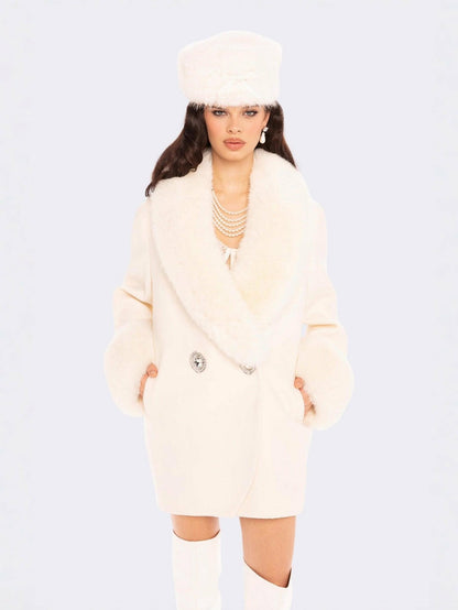 Nana Jacqueline Althea Faux Fur Collar Cocoon Coat: White Coat for Winter Party White