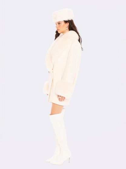Nana Jacqueline Althea Faux Fur Collar Cocoon Coat: White Coat for Winter Party White