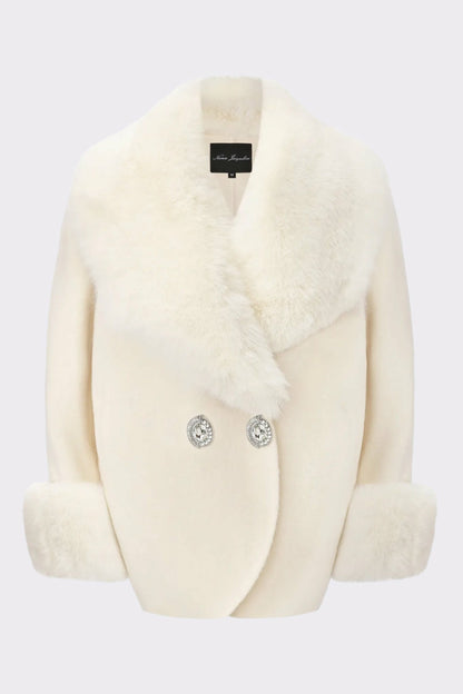 Nana Jacqueline Althea Faux Fur Collar Cocoon Coat: White Coat for Winter Party White