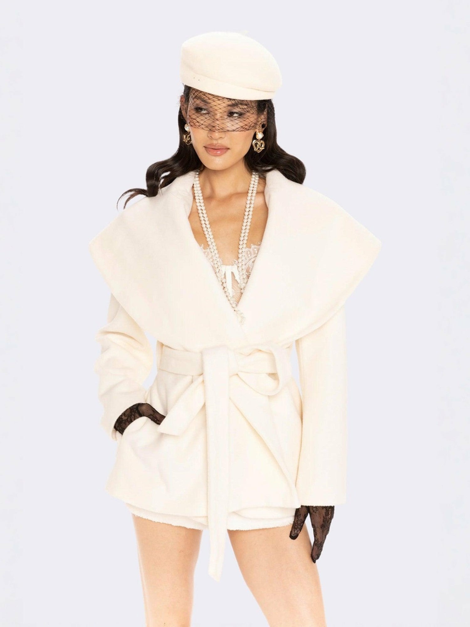 Nana Jacqueline Victoria Bow Coat: White Coat for Bridal Shower White