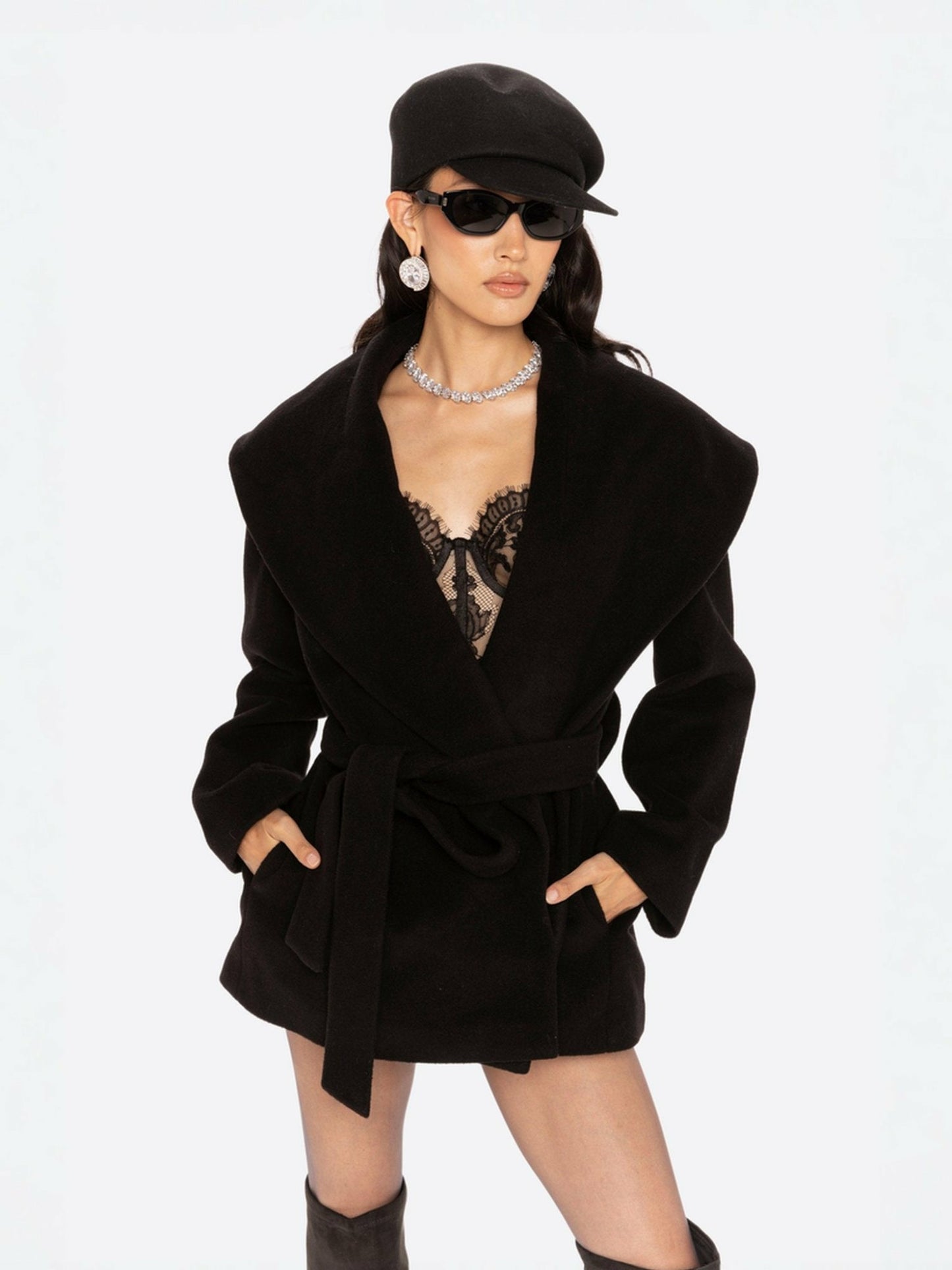 Nana Jacqueline Victoria Bow Coat: Black Wool Coat for Date Night Black