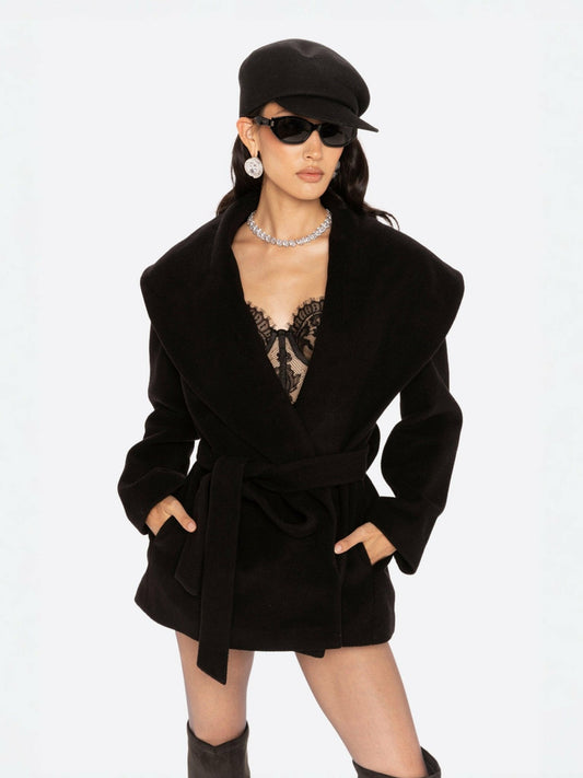 Nana Jacqueline Victoria Bow Coat: Black Wool Coat for Date Night Black
