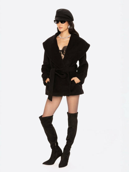 Nana Jacqueline Victoria Bow Coat: Black Wool Coat for Date Night Black