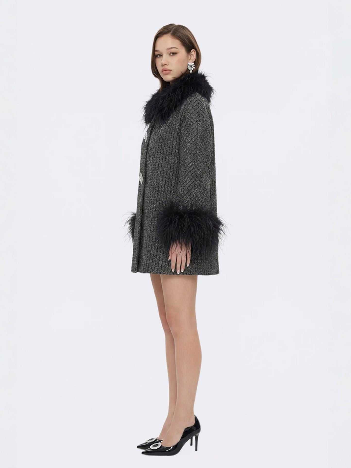 Nana Jacqueline Renée Feather Coat: Black Coat for Cocktail Party Black