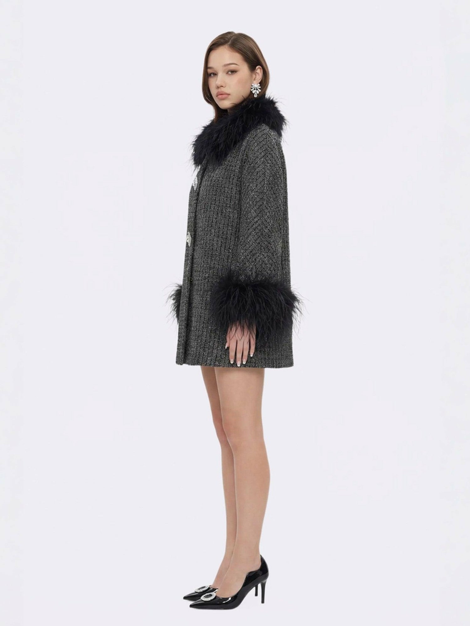 Nana Jacqueline Renée Feather Coat: Black Coat for Cocktail Party Black