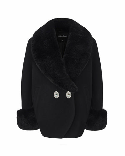 Nana Jacqueline Althea Faux Fur Collar Cocoon Coat: Black Coat for Winter Evening Event Black