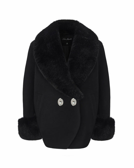 Nana Jacqueline Althea Faux Fur Collar Cocoon Coat: Black Coat for Winter Evening Event Black