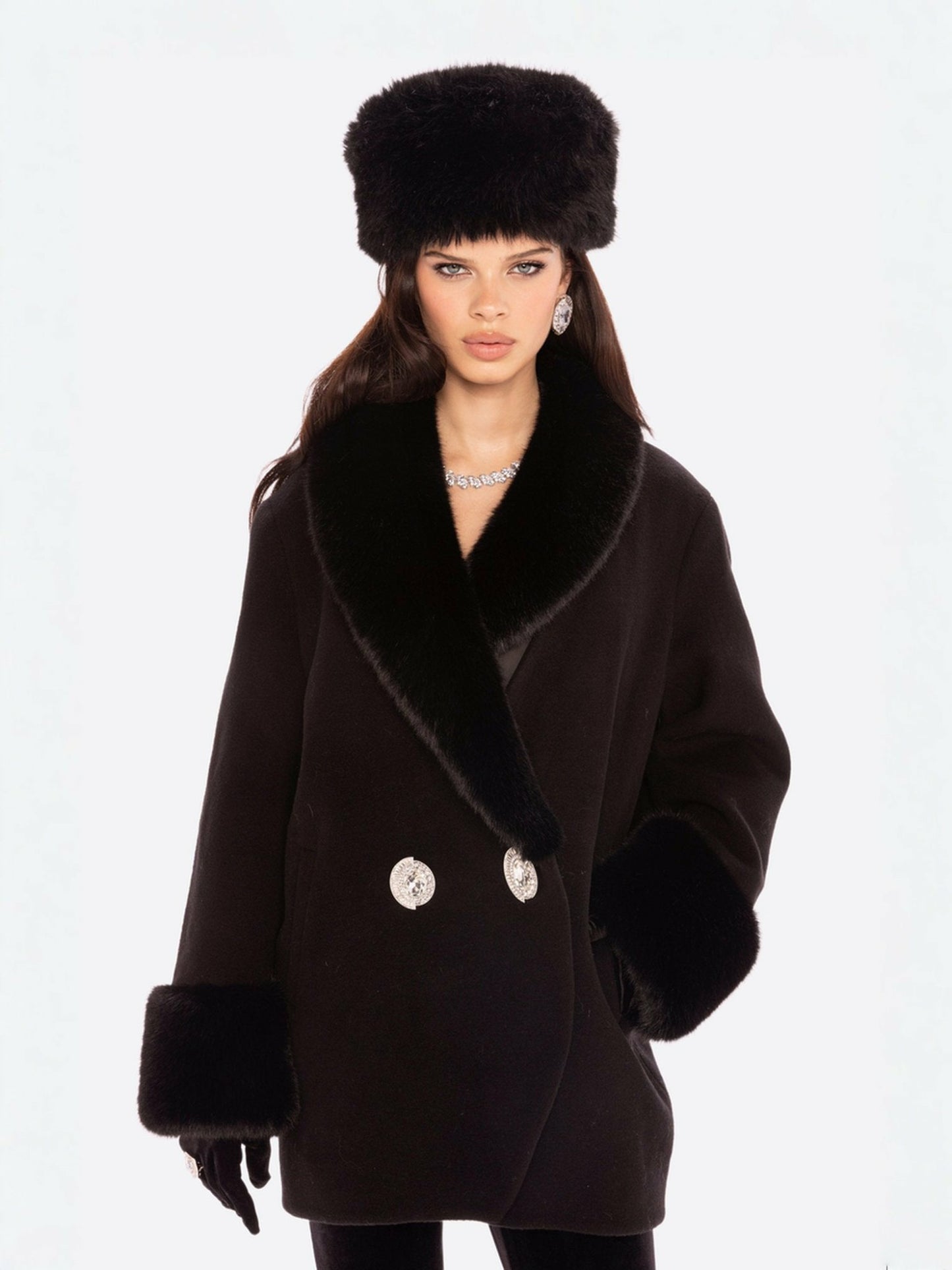 Nana Jacqueline Althea Faux Fur Collar Cocoon Coat: Black Coat for Winter Evening Event Black