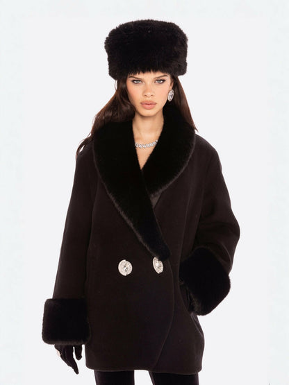 Nana Jacqueline Althea Faux Fur Collar Cocoon Coat: Black Coat for Winter Evening Event Black