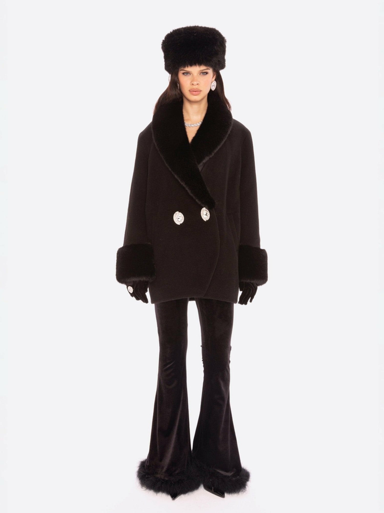 Nana Jacqueline Althea Faux Fur Collar Cocoon Coat: Black Coat for Winter Evening Event Black