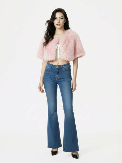Nana Jacqueline Thalia Cropped Faux Fur Jacket: Pink Jacket for Cocktail Party Pink