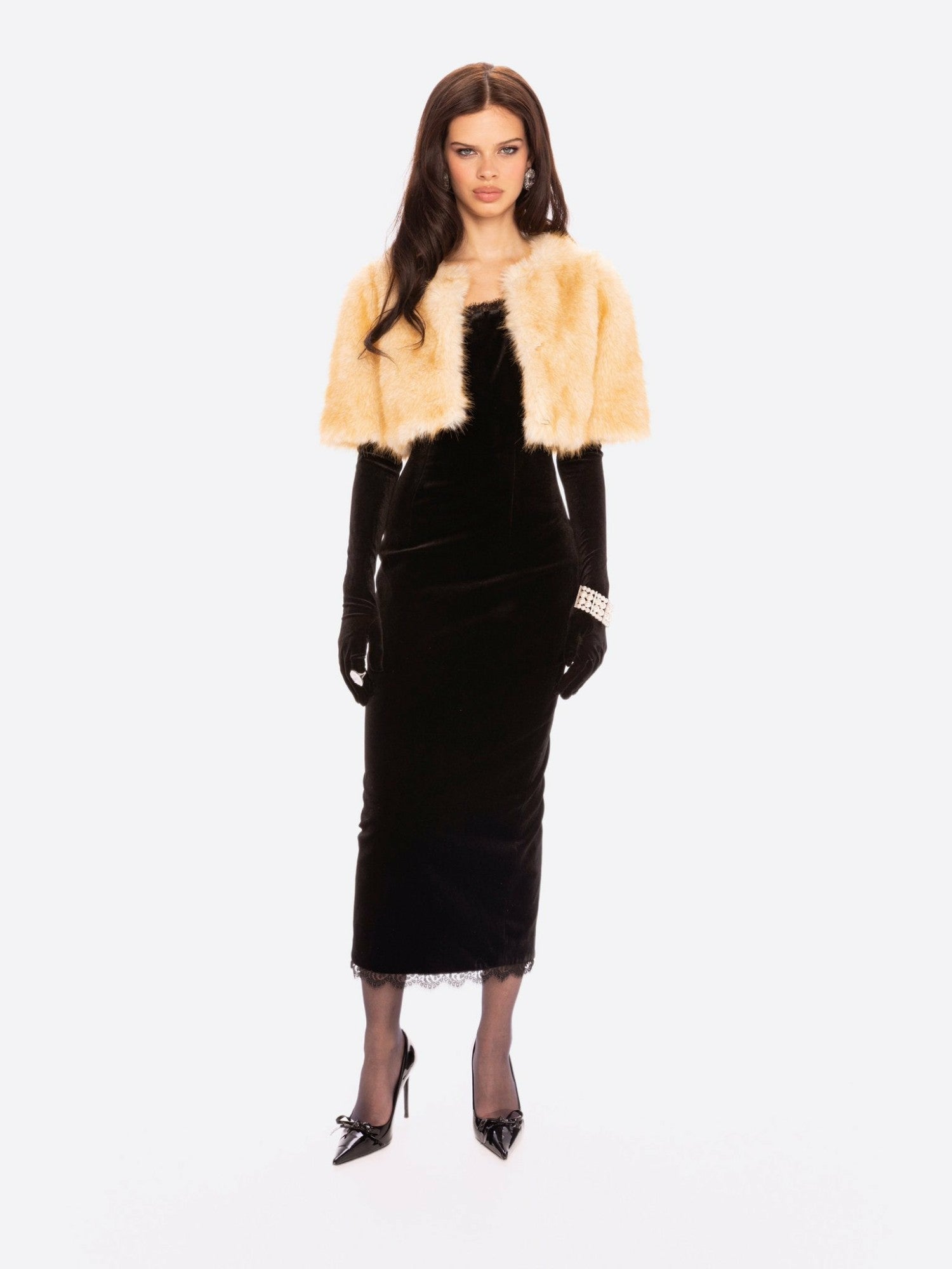 Nana Jacqueline Thalia Cropped Faux Fur Jacket: Yellow Jacket for Cocktail Party Yellow