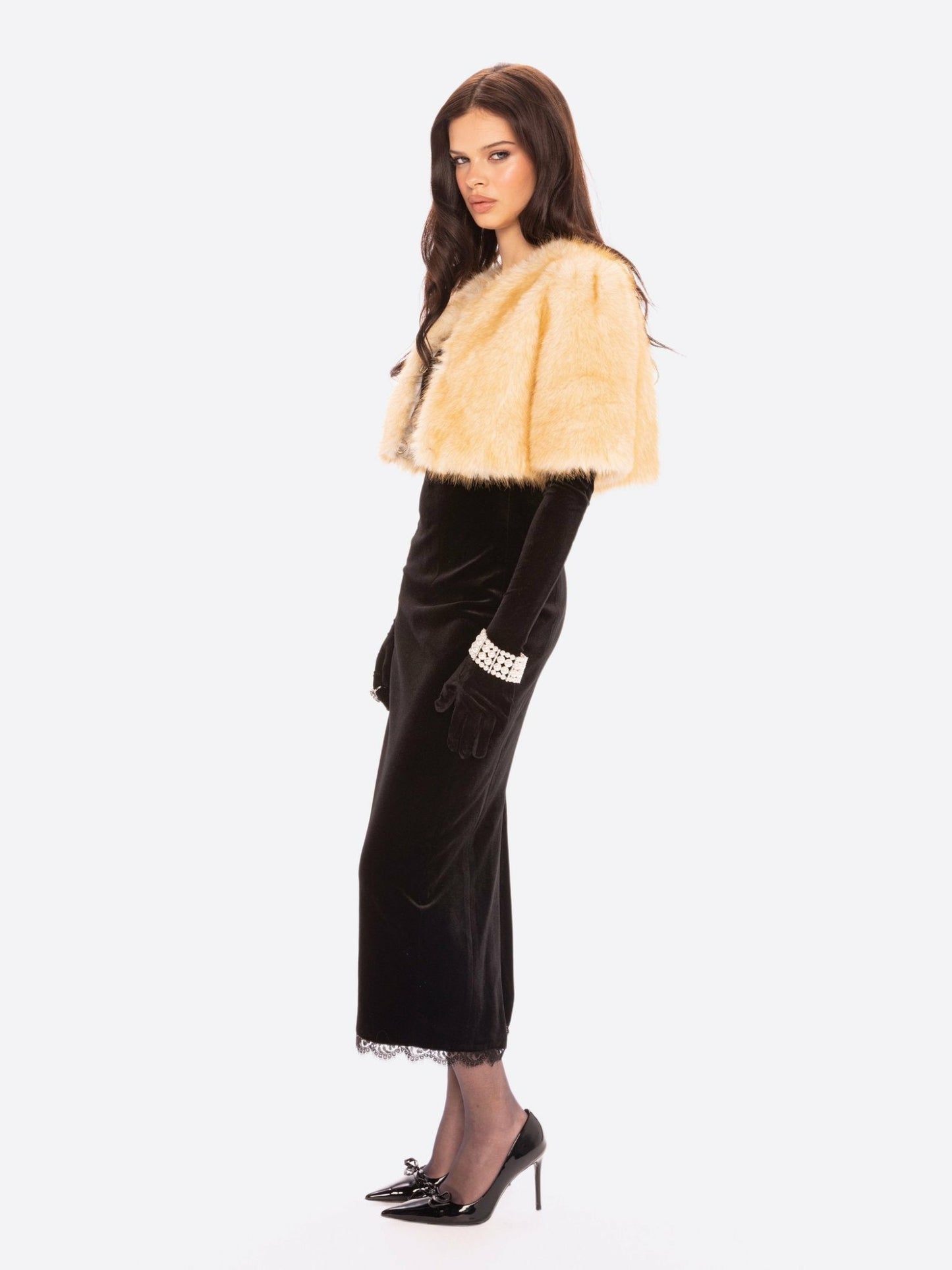 Nana Jacqueline Thalia Cropped Faux Fur Jacket: Yellow Jacket for Cocktail Party Yellow