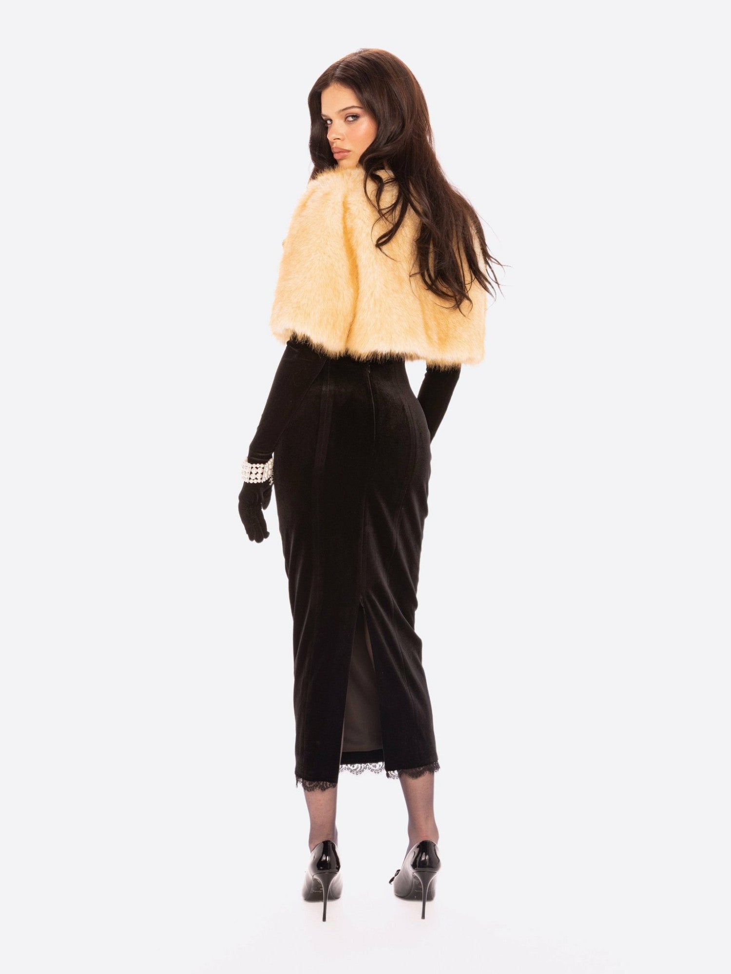 Nana Jacqueline Thalia Cropped Faux Fur Jacket: Yellow Jacket for Cocktail Party Yellow