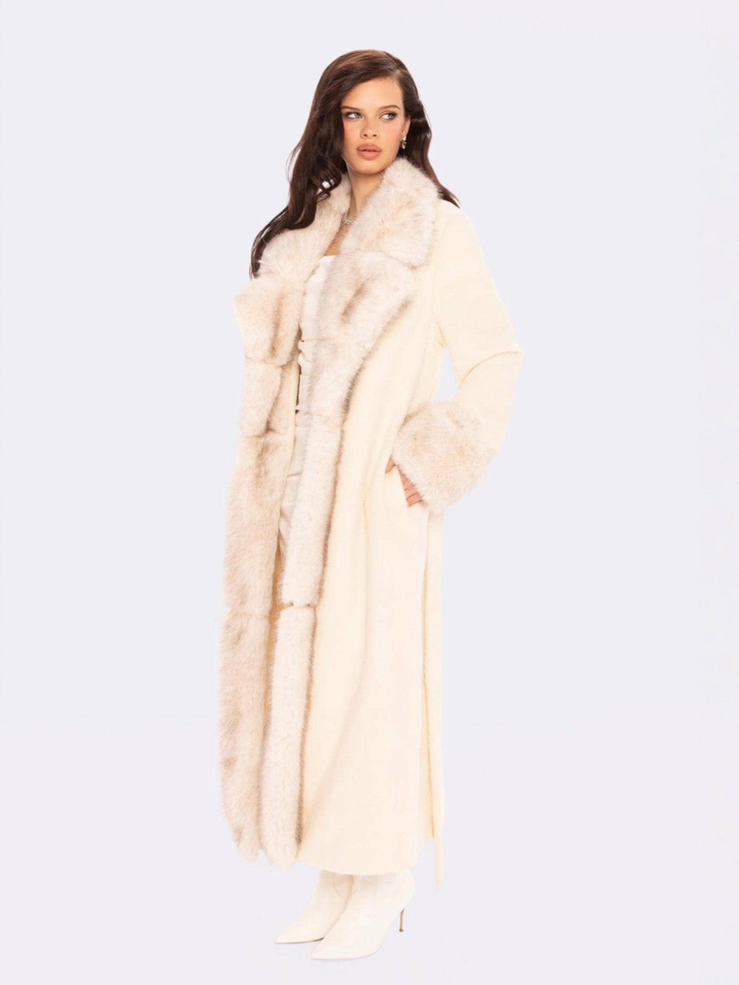 Nana Jacqueline Adriana Faux Fur Coat: Off White Coat for Winter Formal Event Off White