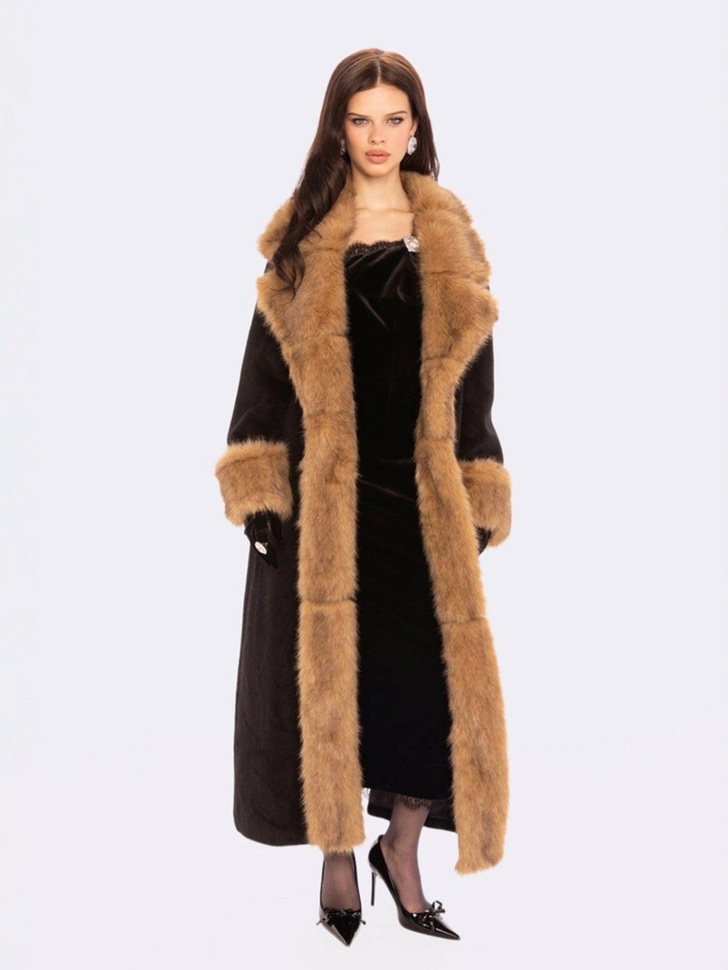 Nana Jacqueline Adriana Faux Fur Coat: Black Long Coat for Cocktail Party Black & Brown