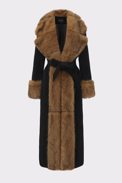 Nana Jacqueline Adriana Faux Fur Coat: Black Long Coat for Cocktail Party Black & Brown