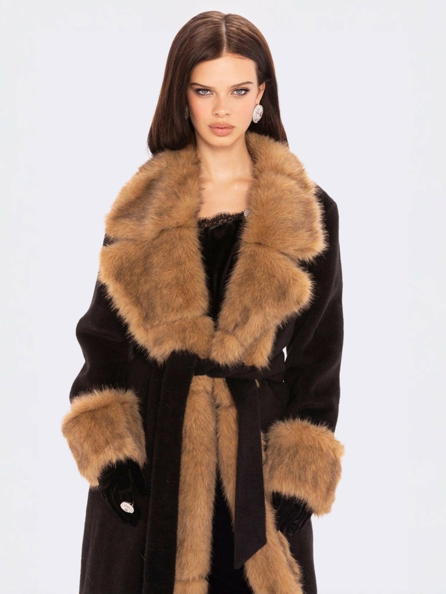 Nana Jacqueline Adriana Faux Fur Coat: Black Long Coat for Cocktail Party Black & Brown