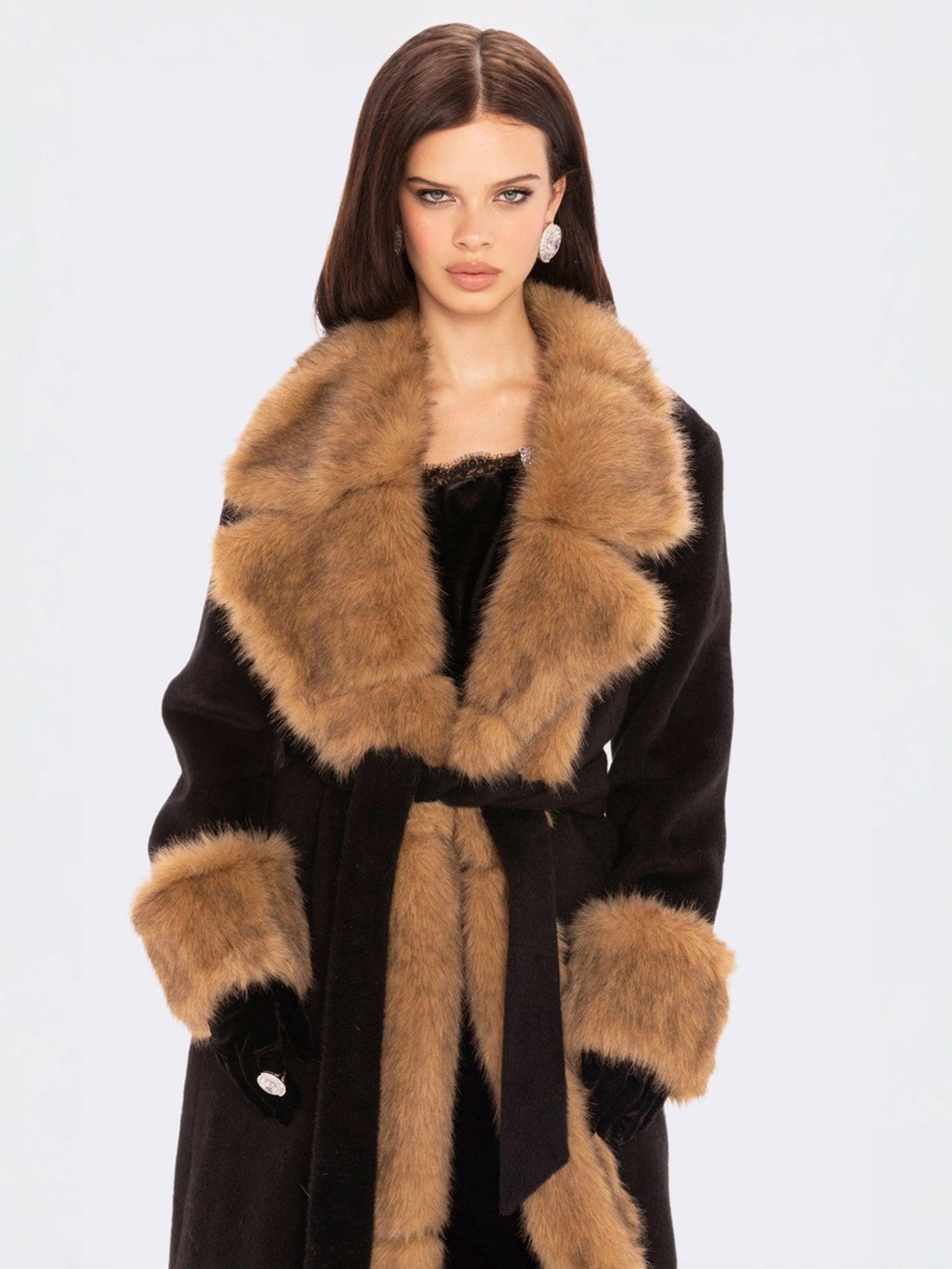 Nana Jacqueline Adriana Faux Fur Coat: Black Long Coat for Cocktail Party Black & Brown