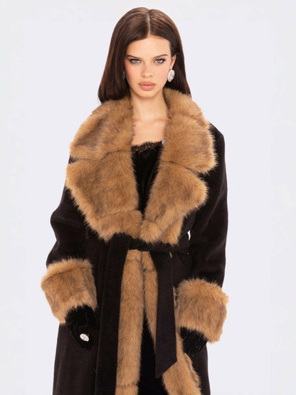 Nana Jacqueline Adriana Faux Fur Coat: Black Long Coat for Cocktail Party Black & Brown