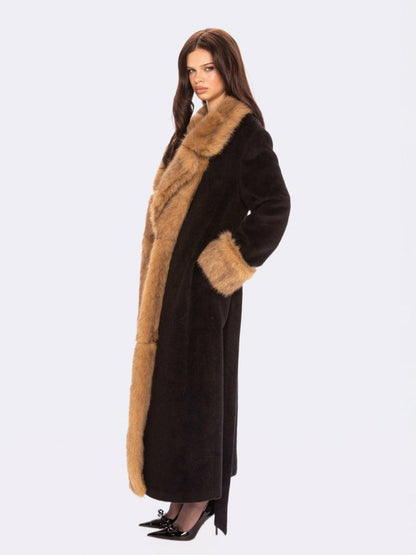 Nana Jacqueline Adriana Faux Fur Coat: Black Long Coat for Cocktail Party Black & Brown