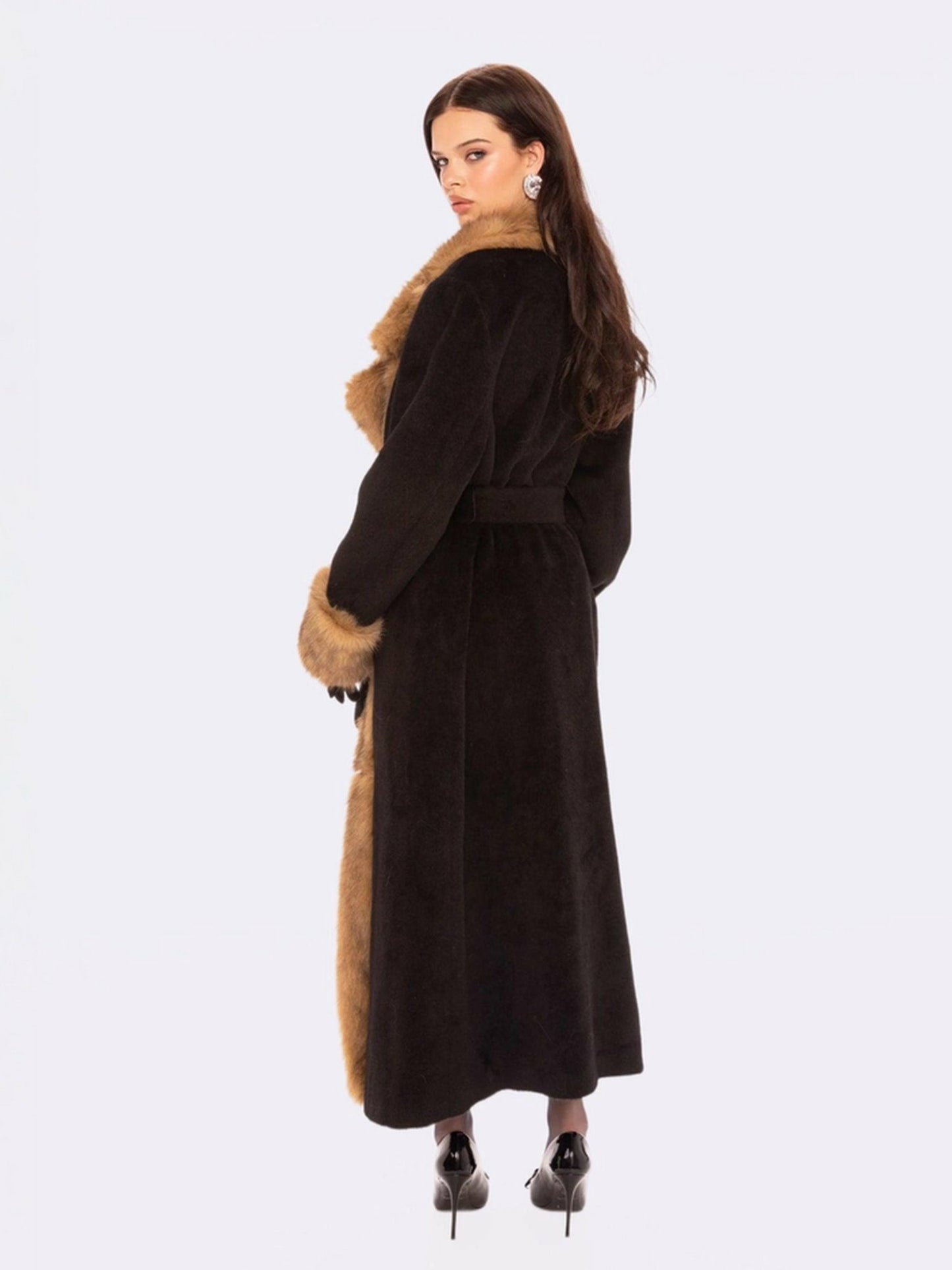 Nana Jacqueline Adriana Faux Fur Coat: Black Long Coat for Cocktail Party Black & Brown