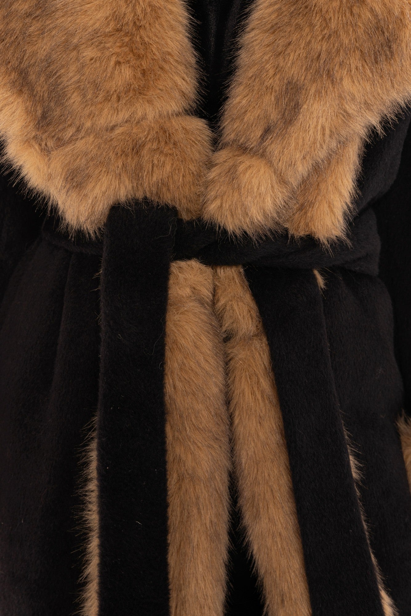 Nana Jacqueline Adriana Faux Fur Coat: Black Long Coat for Cocktail Party Black & Brown