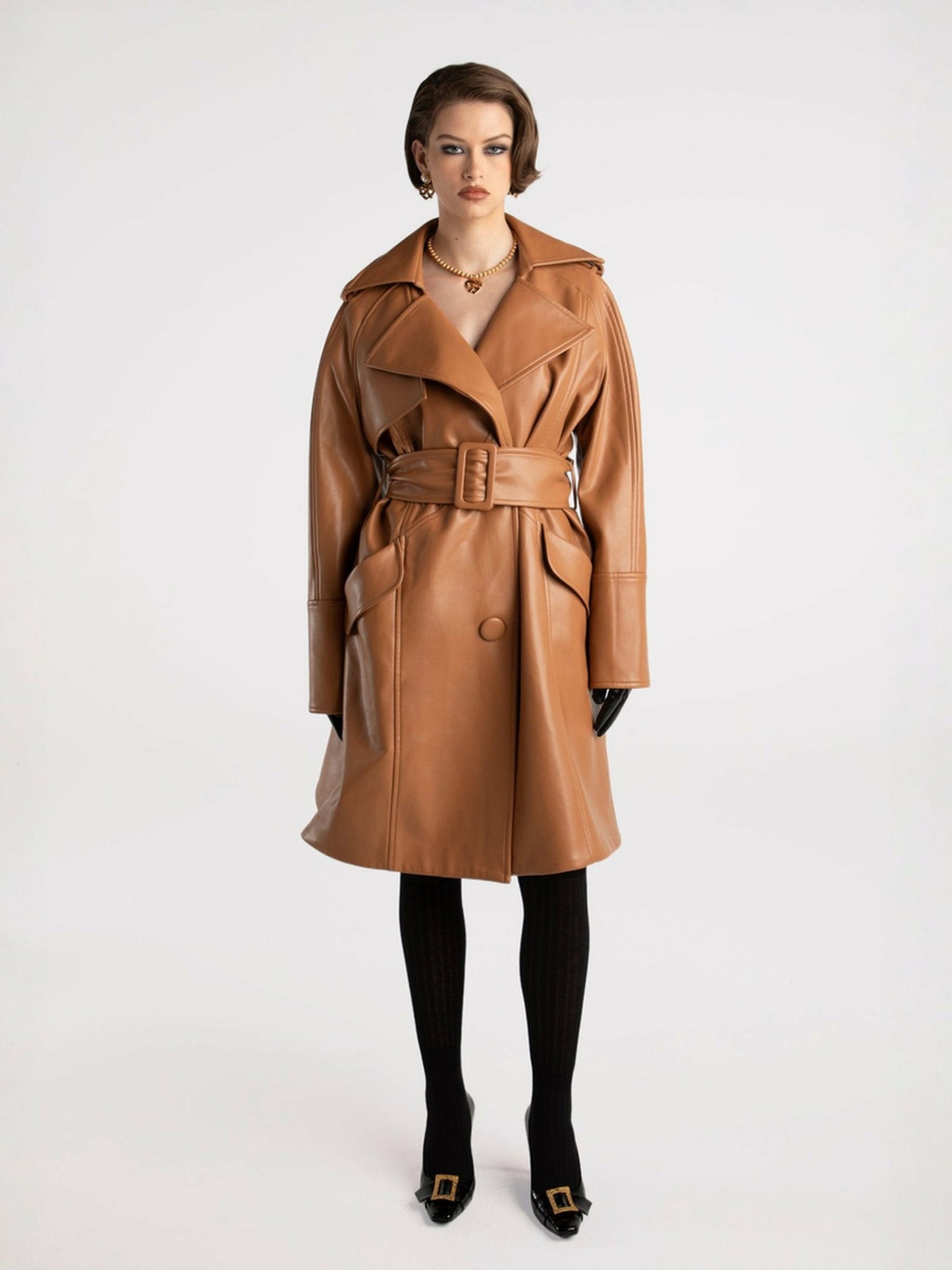 Nana Jacqueline Keira Leather Trench Coat: Brown Trench Coat for Fall Outfits Brown