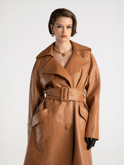 Nana Jacqueline Keira Leather Trench Coat: Brown Trench Coat for Fall Outfits Brown