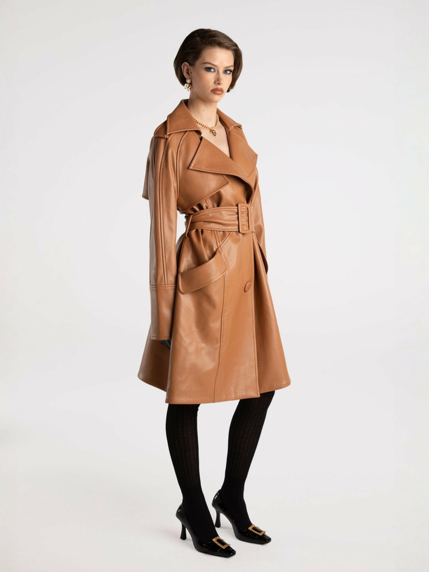 Nana Jacqueline Keira Leather Trench Coat: Brown Trench Coat for Fall Outfits Brown