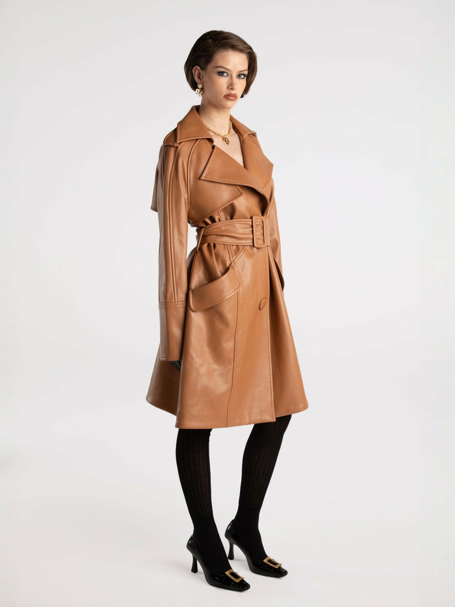 Nana Jacqueline Keira Leather Trench Coat: Brown Trench Coat for Fall Outfits Brown