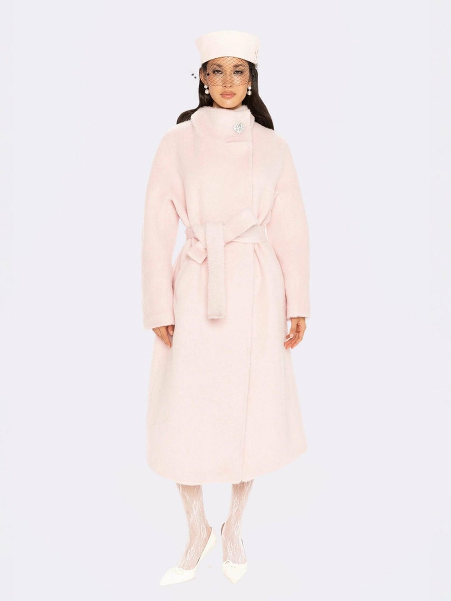 Nana Jacqueline Audrey Long Coat: Pink Wool Coat for Winter Wedding Guest Pink
