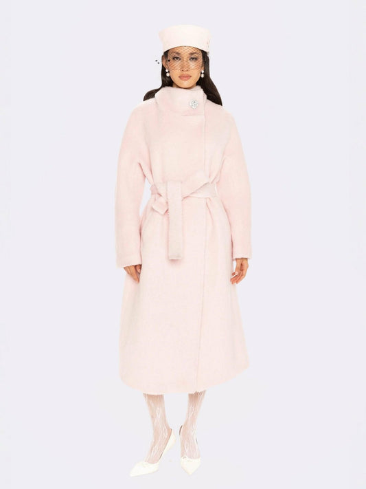 Nana Jacqueline Audrey Long Coat: Pink Wool Coat for Winter Wedding Guest Pink